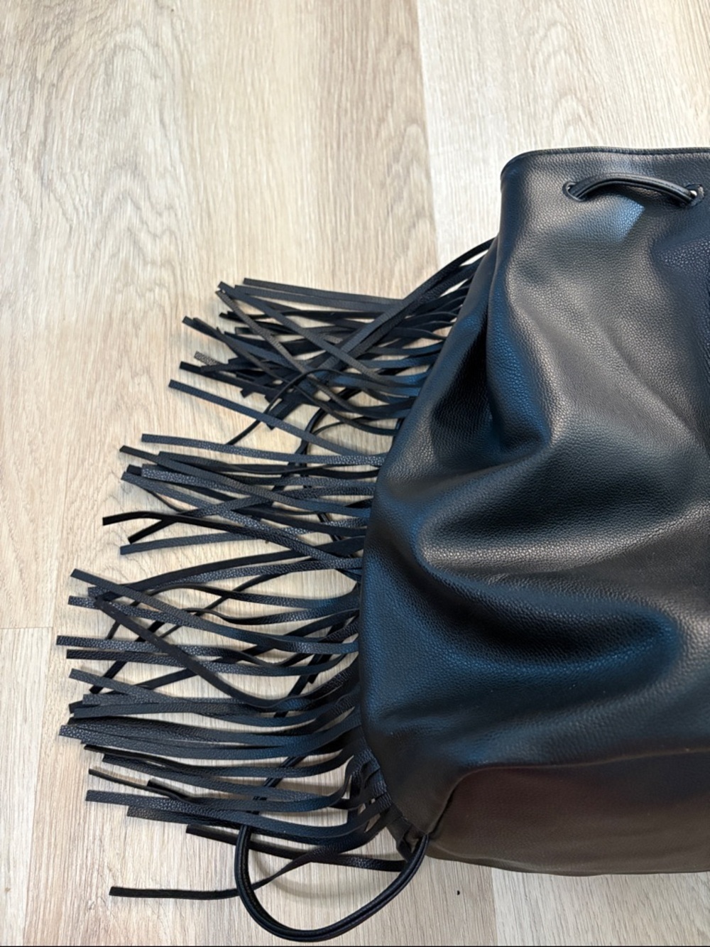 Victoria's Secret Black Fringe Drawstring Backpack lightweight logo boho - Picture 11 of 11